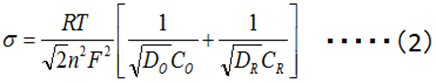 Equation (2) for Warburg coefficient. Equation (2) for Warburg coefficient.