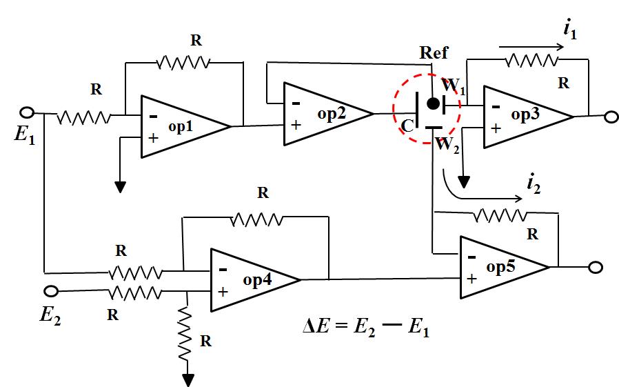 Cinco amplificadores operacionales utilizan un diagrama de circuito de bi-potenciostato.