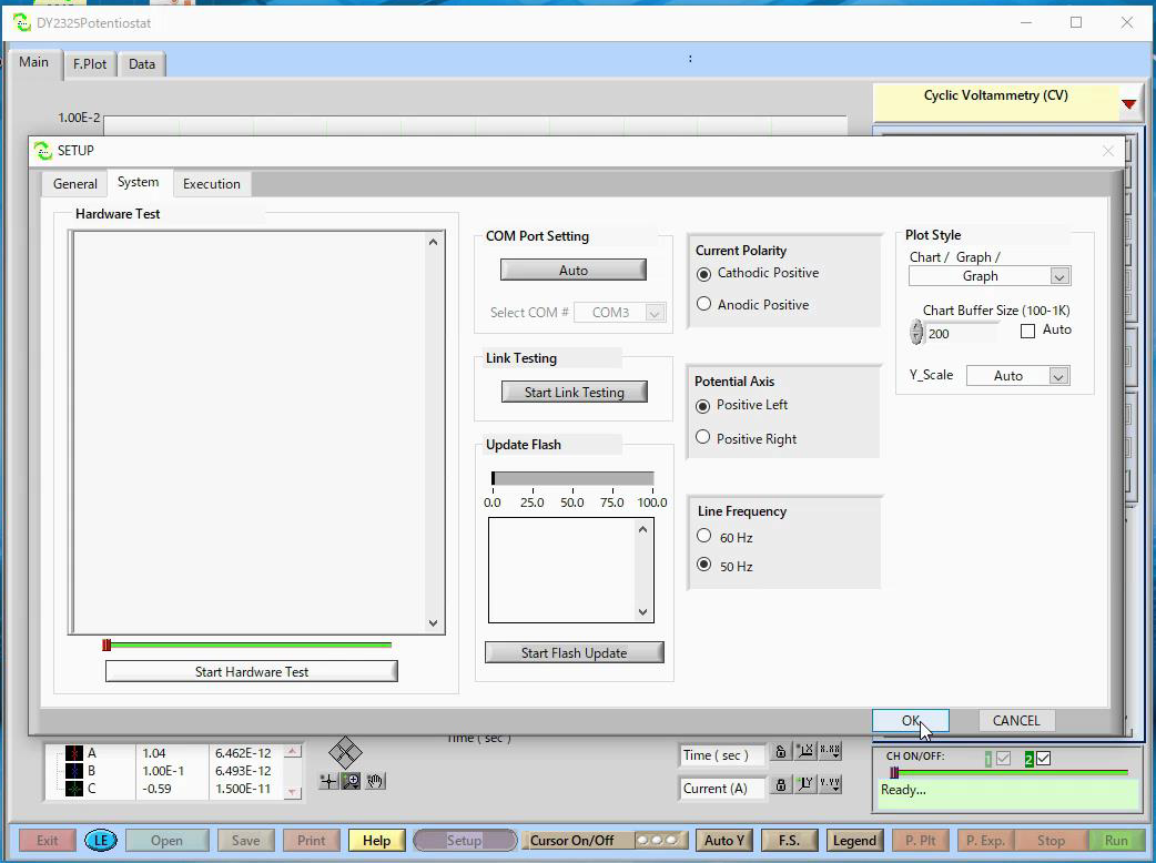 Select the conditions for the cclic voltammetry measurement.
