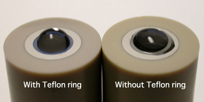 Difference between glassy carbon disk electrode for RRDE-3A with and without Teflon ring spacer.