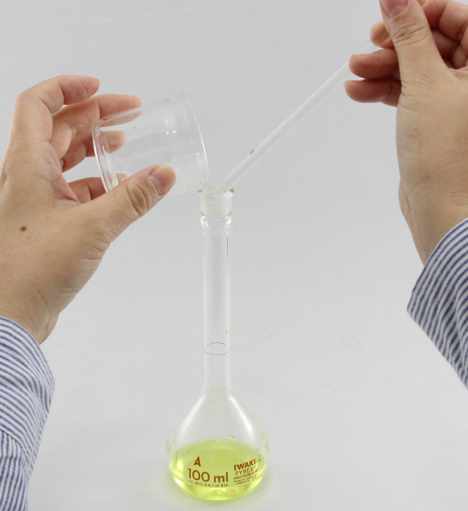 Fig. 7 Add the 1 M Potassium nitrate solution in the beaker 50 mL (3) and transfer to the volumetric flask (6).