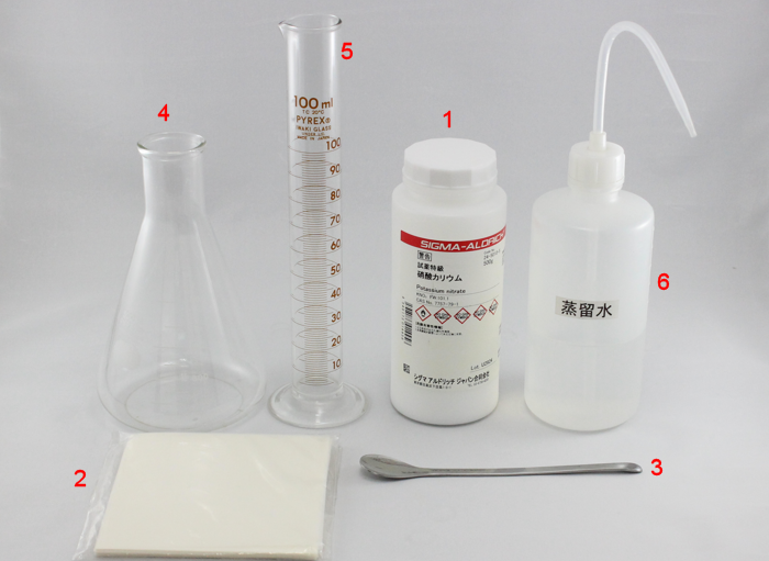 Fig. 1 What you need to prepare: (1) Potassium nitrate;(2) Weighing paper;(3) Spatula;(4) Beaker 500 mL;(5) Metric cylinder 100 mL;(6) Distilled water