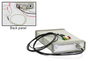 Connection using remote cable. (1) V_RDE cable (Voltage output (0 -10 V) that is proportional to RDE rotation speed of 0 – 10000 rpm. 50 ohm output.) and (2) AGND cable (Analog ground of the instrument)