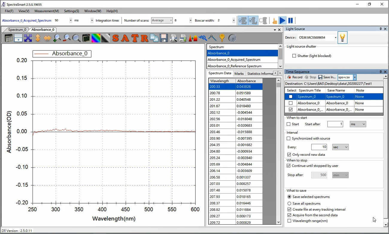 Fig. 21 Time Sequence function setting window on the right of the SpectraSmart window.